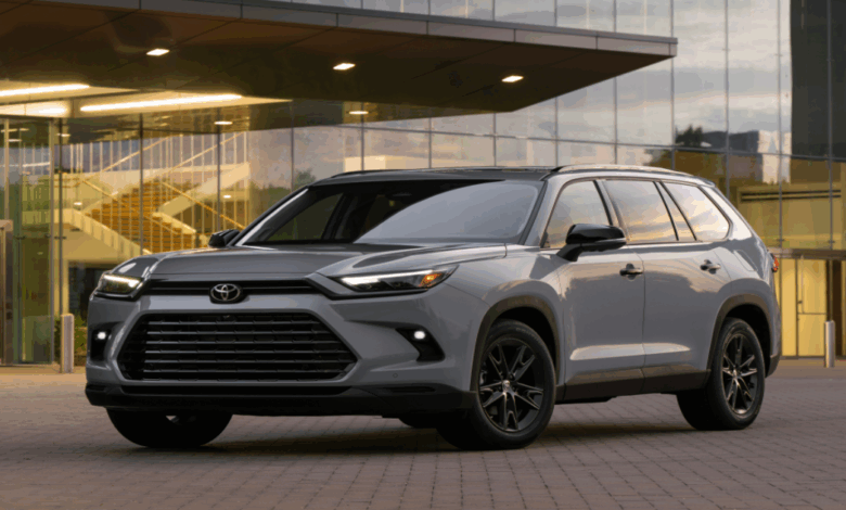 2026 Toyota Grand Highlander in Celestial Silver Metallic with sleek LED headights, roof rails, and spacious SUV body, showcasing modern design and hyvrid technology.
